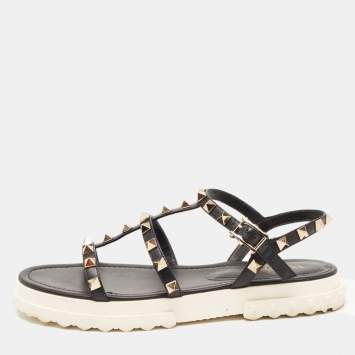 Pre Owned Valentino Black Leather Studded Accents Gladiator Sandals Size 36
