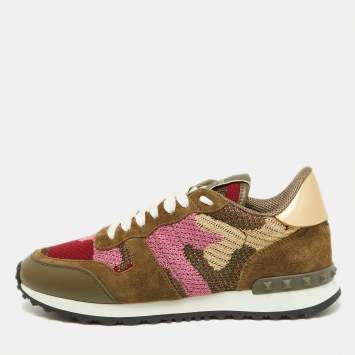 Pre Owned Valentino Multicolor Camo Print Suede,Leather and Knit Fabric Rockrunner Sneakers Size 38