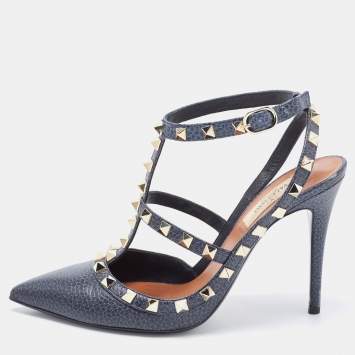 Pre Owned Valentino Two Tone Textured Leather Rockstud Ankle Strap Pumps Size 38