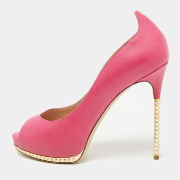 Pre Owned Valentino Pink Leather Rockstud Open Toe Pumps Size 39