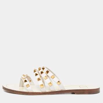 Pre Owned Valentino White Patent Leather Rockstud Flat Slides Size 36.5