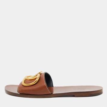 Pre Owned Valentino Brown Leather Escape VLogo Flat Slides Size 37