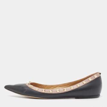 Pre Owned Valentino Black Leather Rockstud Ballet Flats Size 38.5