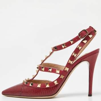 Pre Owned  Valentino Red Lizard and Leather Rockstud Pumps Size 37.5