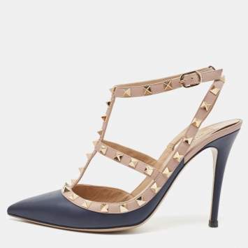 Pre Owned Valentino Navy Blue/Dusty Pink Leather Rockstud Ankle Strap Pumps Size 40