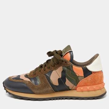 مملوكة مسبقًا Valentino Multicolor Camo Print Canvas and Leather Rockrunner Sneakers Size 37.5