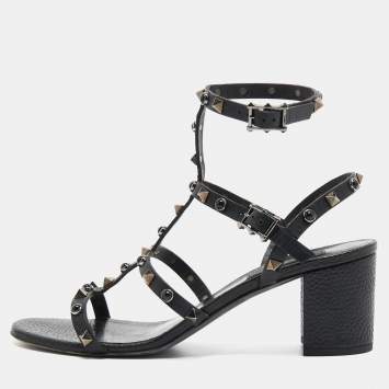 Pre Owned Valentino Black Leather Rolling Rockstud Ankle Strap Sandals Size 40