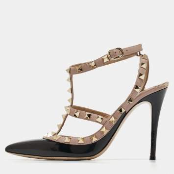 Pre Owned Valentino Black Patent Leather Rockstud Ankle Strap Pumps Size 36.5