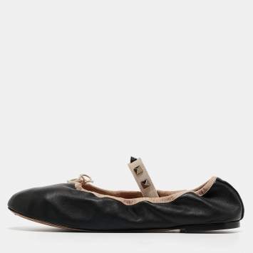 Pre Owned Valentino Black Leather Rockstud Mary Jane Bow Ballet Flats Size 38.5