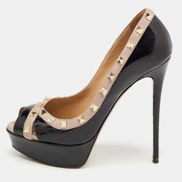 Pre Owned Valentino Black/Beige Patent and Leather Rockstud  Pumps Size 38