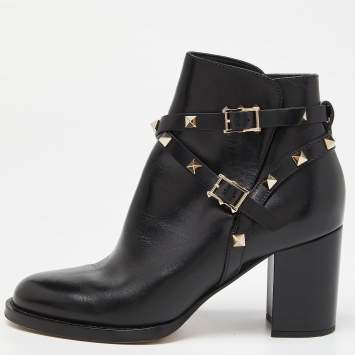 Pre Owned Valentino Black Leather Rockstud Ankle Boots Size 36