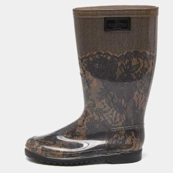 Pre Owned Valentino Black/Beige Lace Print Rubber Rain Boots Size 40