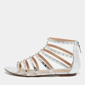 Pre Owned Valentino Silver Leather Love Latch Cross Strap Flat Gladiator Sandals Size 39.5