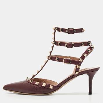 Pre Owned Valentino Burgundy Leather Rockstud Ankle Strap Pumps Size 37.5