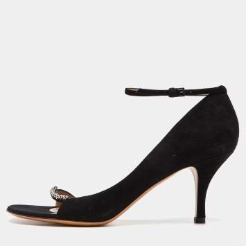 Pre Owned Valentino Black Suede Crystal Embellished Ankle Strap Sandals Size 39