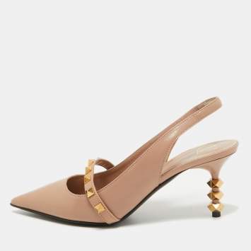 Pre Owned Valentino Beige Leather Rockstud Slingback Pumps Size 35.5