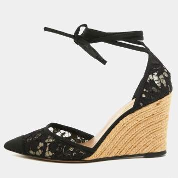 Pre Owned Valentino Black Lace Esparille Wedge Ankle Tie Pumps Size 39