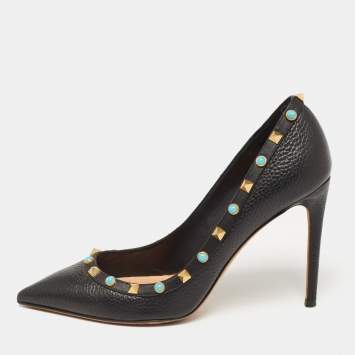 Pre Owned Valentino Black Leather Rolling Rockstud Pumps Size 40