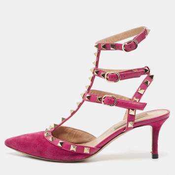 Pre Owned Valentino Pink Suede Rockstud Ankle Strap Pumps Size 36