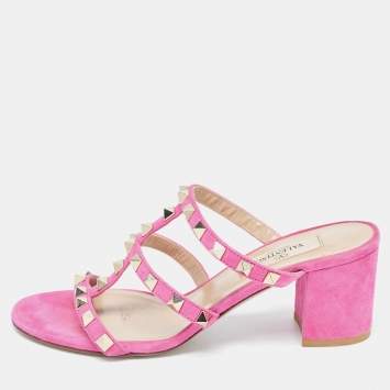 Pre Owned Valentino Pink Suede Rockstud Slide Sandals Size 35