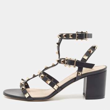 Pre Owned Valentino Black Leather Rockstud Ankle Strap Sandals Size 35.5