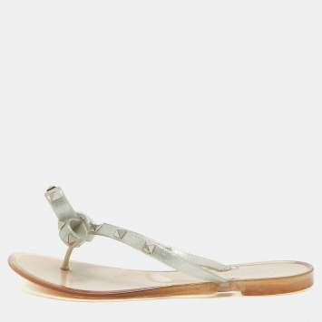 Pre Owned Valentino Silver Glitter Rubber Bow Rockstud Thong Flats Size 36