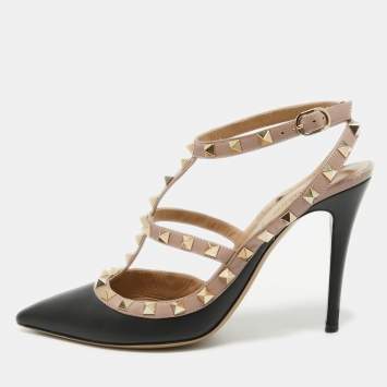 Pre Owned Valentino Black/Dusty Pink Leather Rockstud Ankle Strap Pumps Size 39.5