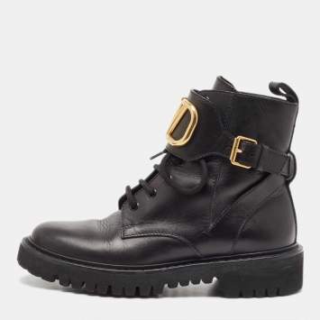Pre Owned Valentino Black Leather Vlogo Signature  Ankle Boots Size 37