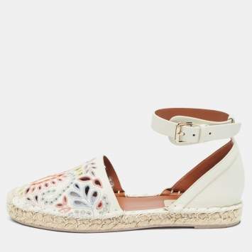Pre Owned Valentino Cream  Embroidered Leather Ankle Strap Espadrille Flats Size 37