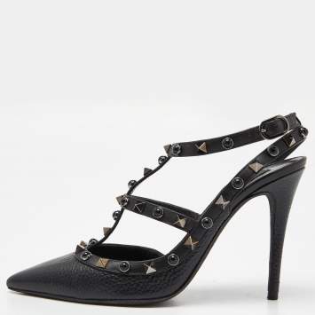 Pre Owned Valentino Black Leather Rockstud Strappy Pointed Toe Pumps Size 37.5