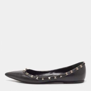 Pre Owned Valentino Black Leather Rockstud Ballet Flats Size 38 