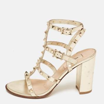 Pre Owned Valentino Metallic Gold Leather Rockstud Strappy Block Heel Sandals Size 37