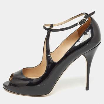Pre Owned Valentino Black Patent Leather Ankle Strap Pumps Size 39.5