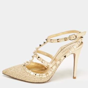 Pre Owned Valentino Gold Tweed and Leather Rockstud Ankle Strap Pumps Size 37.5