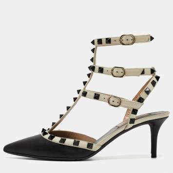 Pre Owned Valentino Black/White Leather Rockstud  Ankle Strap Pumps Size 37.5 