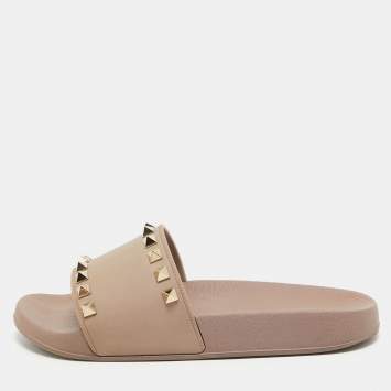 Pre Owned Valentino Dusty Pink Rubber Rockstud Slides Size 36