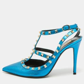Pre Owned Valentino Metallic Blue Leather Rockstud Ankle Strap Pumps Size 39.5