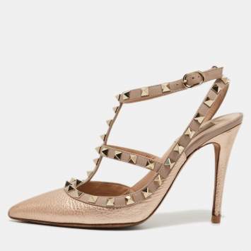 Pre Owned Valentino Metallic Leather Rockstud Ankle Strap Pumps Size 37