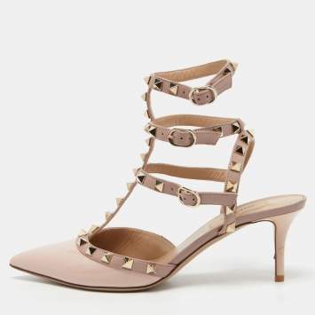 Pre Owned Valentino Pink Patent Leather Rockstud Caged Ankle Strap Pumps Size 38.5