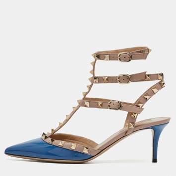Pre Owned Valentino Blue Patent Leather Rockstud Ankle Strap Pumps Size 38.5