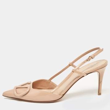 Pre Owned Valentino Beige Patent Escape V logo Slingback Pumps Size 37.5