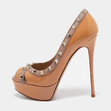 Pre Owned Valentino Beige Patent Leather Rockstud Platform Peep Toe Pumps Size 36.5