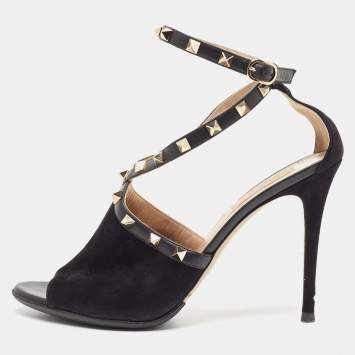 Pre Owned Valentino Black Suede and Leather Rockstud Ankle Strap Sandals Size 40