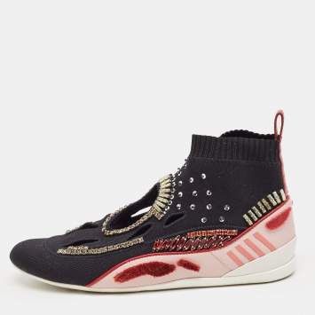 Pre Owned Valentino Black/Pink Knit Fabric High Top Sneakers Size 36