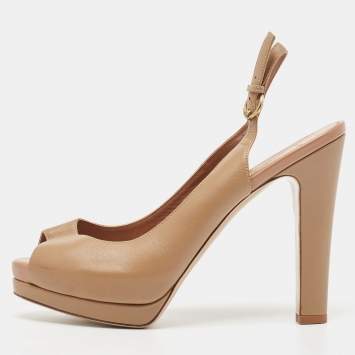 Pre Owned Valentino Brown Leather Peep Toe Platform Slingback Pumps Size 38.5