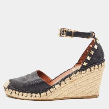 Pre Owned Valentino Black Leather Rockstud Wedge Sandals Size 37