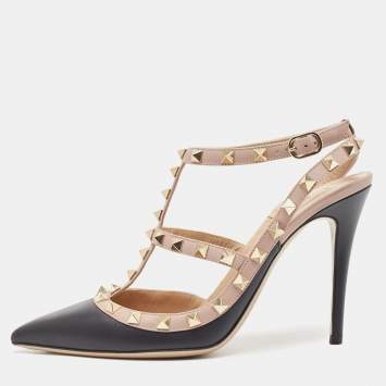 Pre Owned Valentino Black/Dusty Pink Leather Rockstud Ankle Strap Pumps Size 39