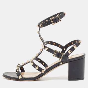 Pre Owned Valentino Black Leather Rockstud Ankle Strap Sandals Size 37