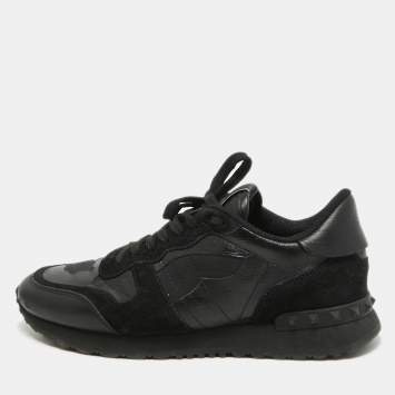 Pre Owned Valentino Black Leather and Suede Rockrunner Law Top Sneakers Size 40