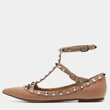 Pre Owned Valentino Beoge/Old Rose Leather Rockstud Ankle Strap Ballet Flats Size 35